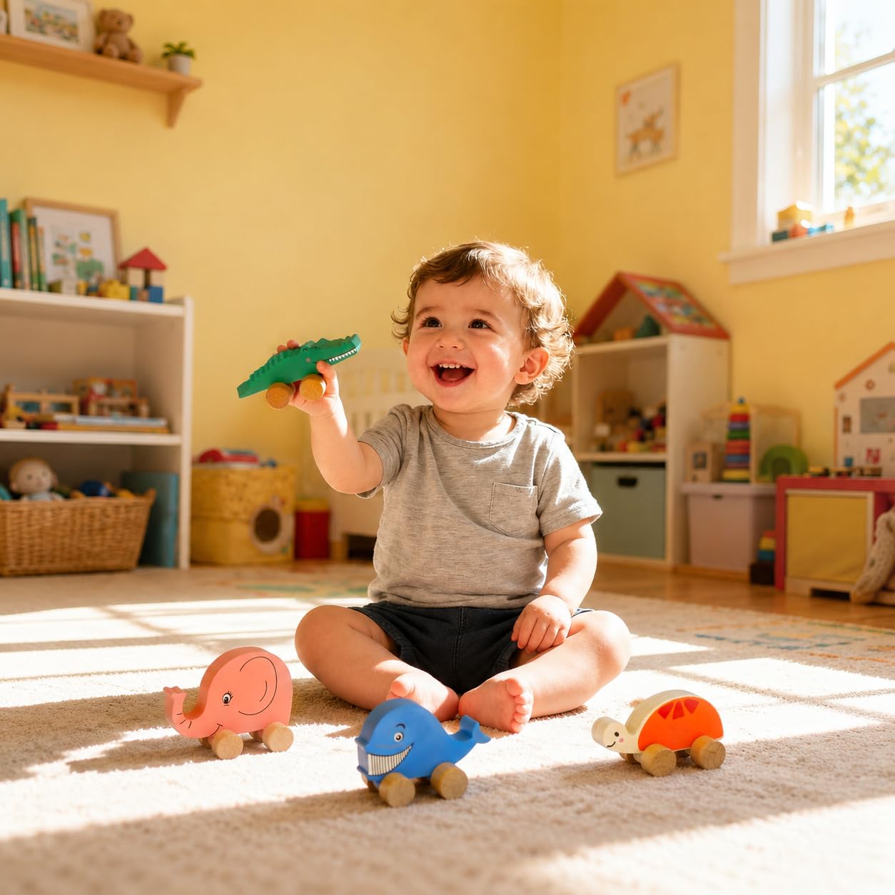 Toys of Wood Oxford TOWO Drewniane samochody dla małych dzieci – zwierzęta na kółkach – pojazdy sensoryczne chwytające – Push and Go First Trucks dla dzieci od 12 miesięcy