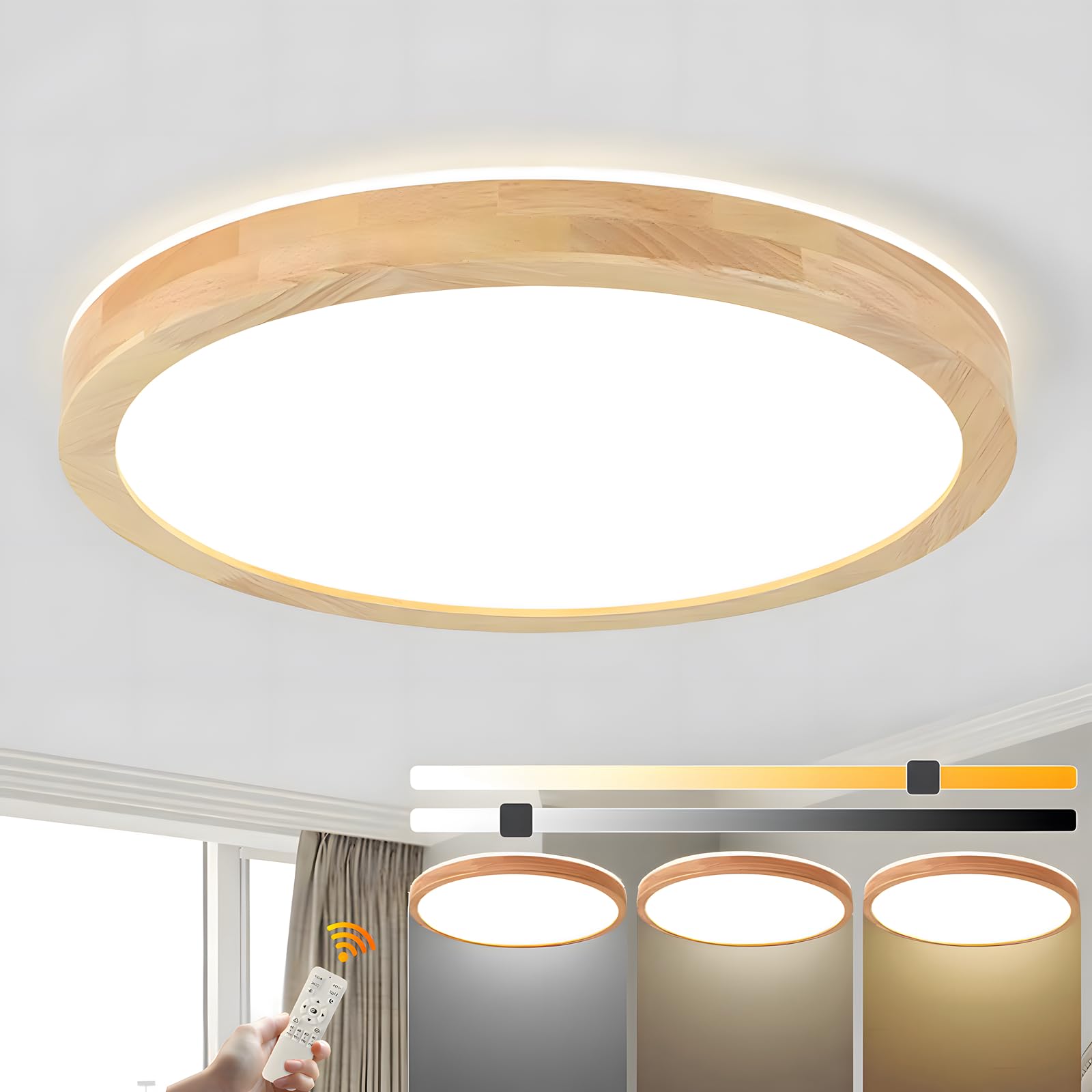 Wayluoung 【B】Ø60cm - Stepless Dimmable Wood Led Ceiling Light | Ø60cm 3000-6000K 48W | Round Top 360° Glow Natural Wooden Lamp, Bedroom Living Room Children's Room Kitchen Dining Room Home Office (Dimmable With Remote Control)