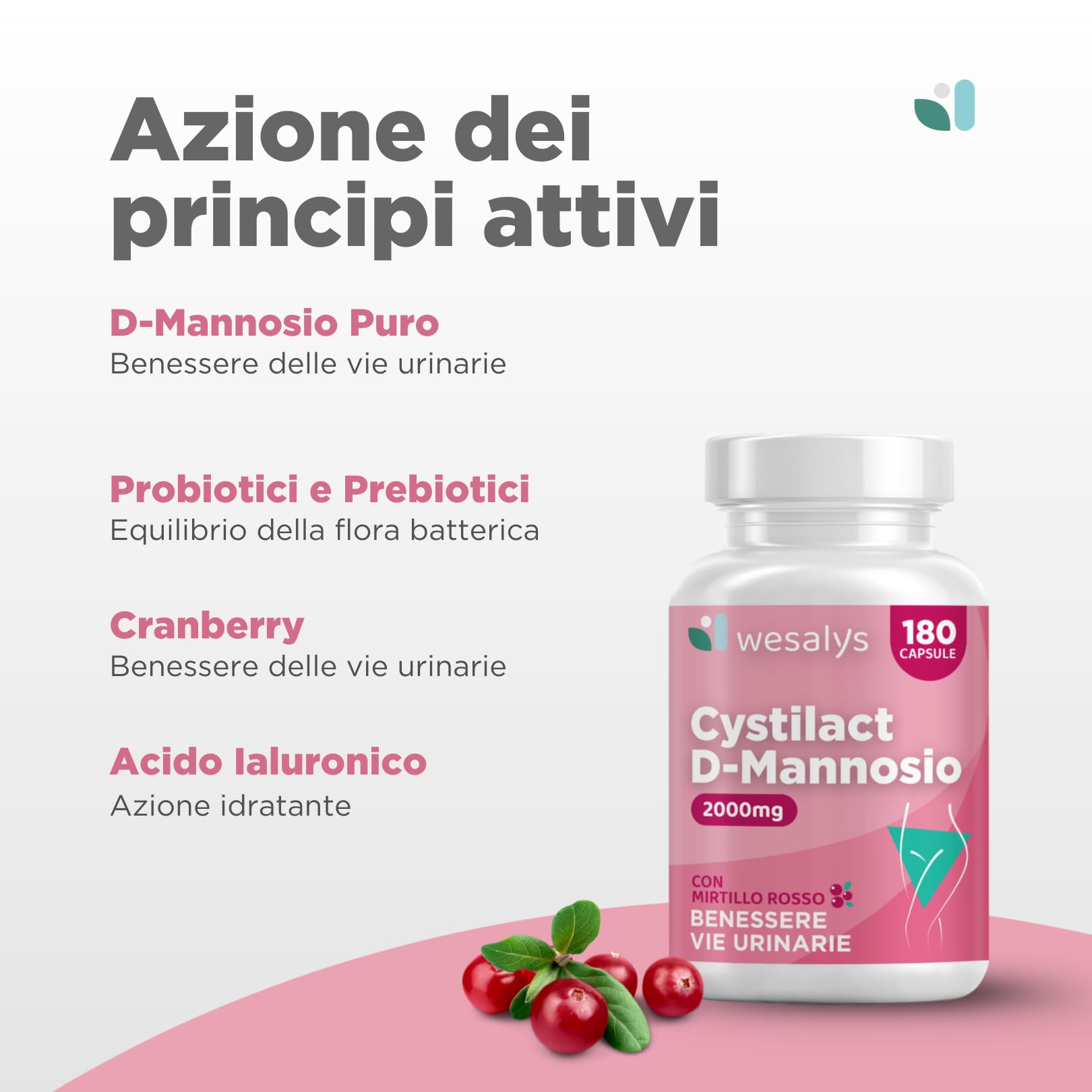 D Mannosio Puro 2000mg | Cistite, CYSTILACT® - 180 CAPSULE con Mirtillo Rosso, Probiotici ed Acido ialuronico | per il benessere delle Vie Urinarie | 100% Vegan, Wesalys