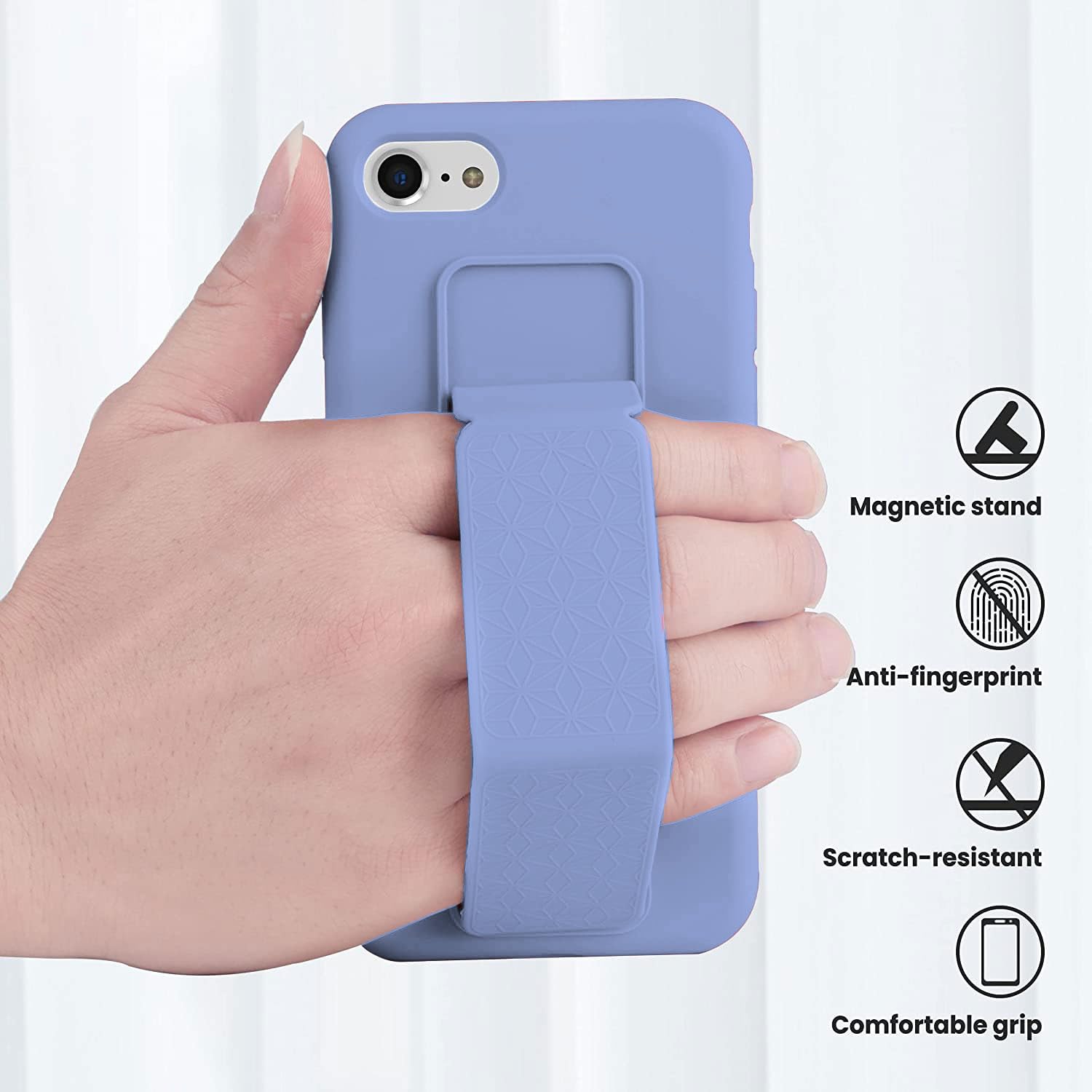 LAUDTEC - Funda de silicona compatible con iPhone 7/8/SE, soporte vertical y horizontal, correa de mano de metal, funda flexible de silicona líquida suave para iPhone 7/8/SE (morado)