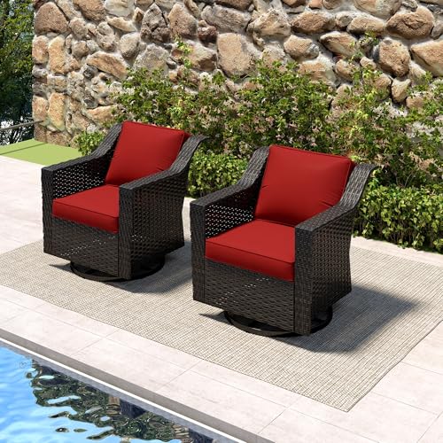 Image of Patio 2 Pieces Wicker Swivel Chairs Set of 2,Outdoor PE Rattan Rocking Glider Armchairs, Water-Resistant Cushions with Removable and Washable Covers, Porch, Balcony, Sunroom (RED) | Patio Chair Set with Olefin Removable Cushion, All-Weather Glider Chairs with Deep Seat for Porch, Deck and Backyard, Red