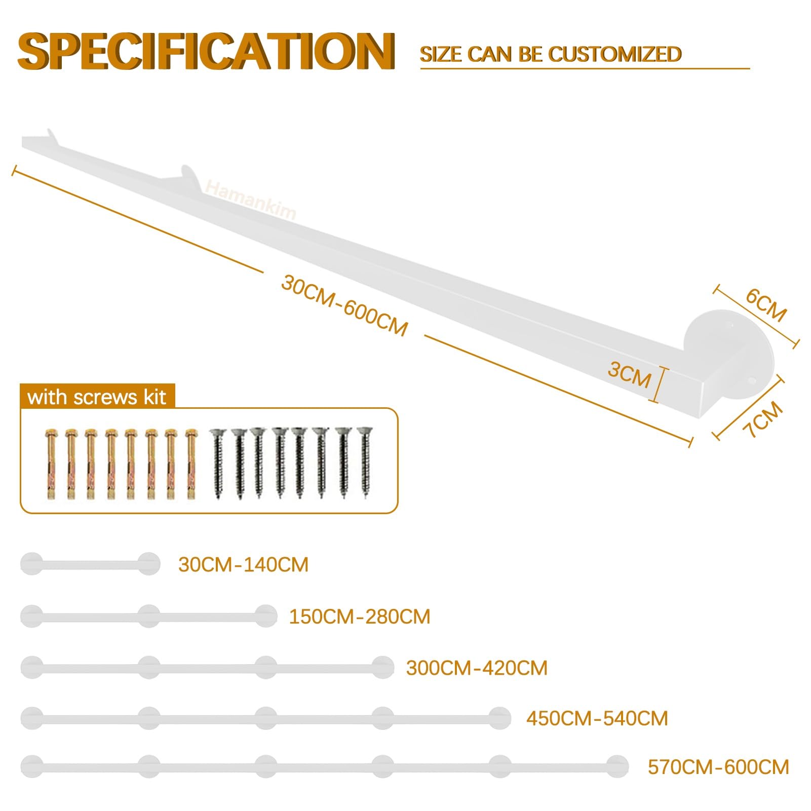 Garde-Corps Industriel en Fer forgé, Main Courante en Tuyau carré Blanc, Barre d'appui d'escalier de sécurité Robuste de 80 cm 100 cm 1,5 m 2 m 3 m 4 m 6 m, Support Mural(150cm)