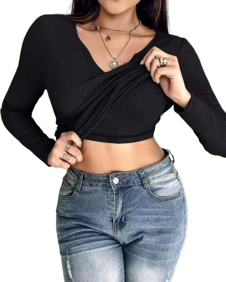 CHICME Women Long Sleeve Shirts Built-in Shelf Bra Tops Rib-Knit Top Fall Outfits