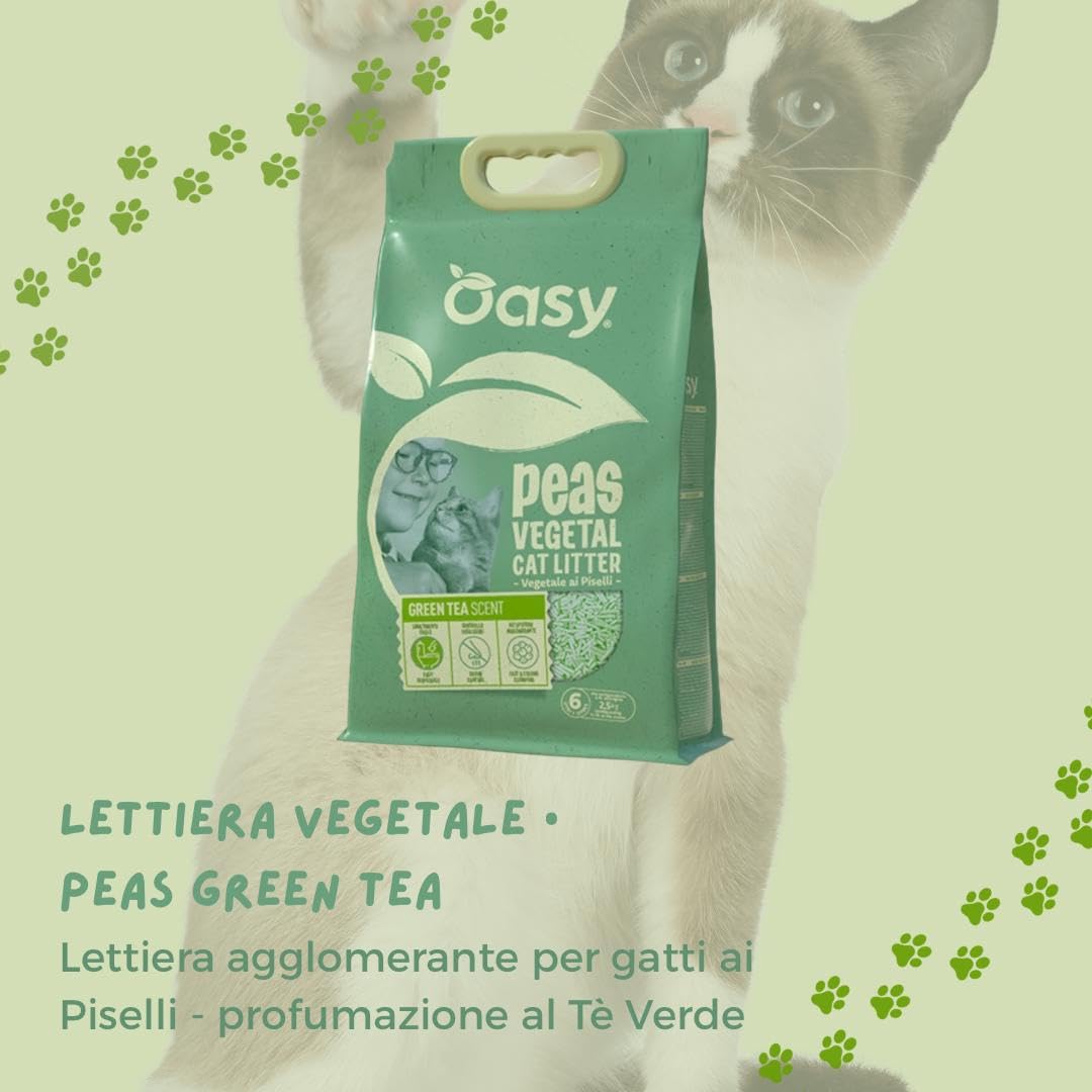 Litière pour chat végétale Oasy, litière en tofu végétal aux pois, parfum au thé vert pour chats de tous âges, élimination facile, contrôle des odeurs, agglomérant | 1 lot de 6 l
