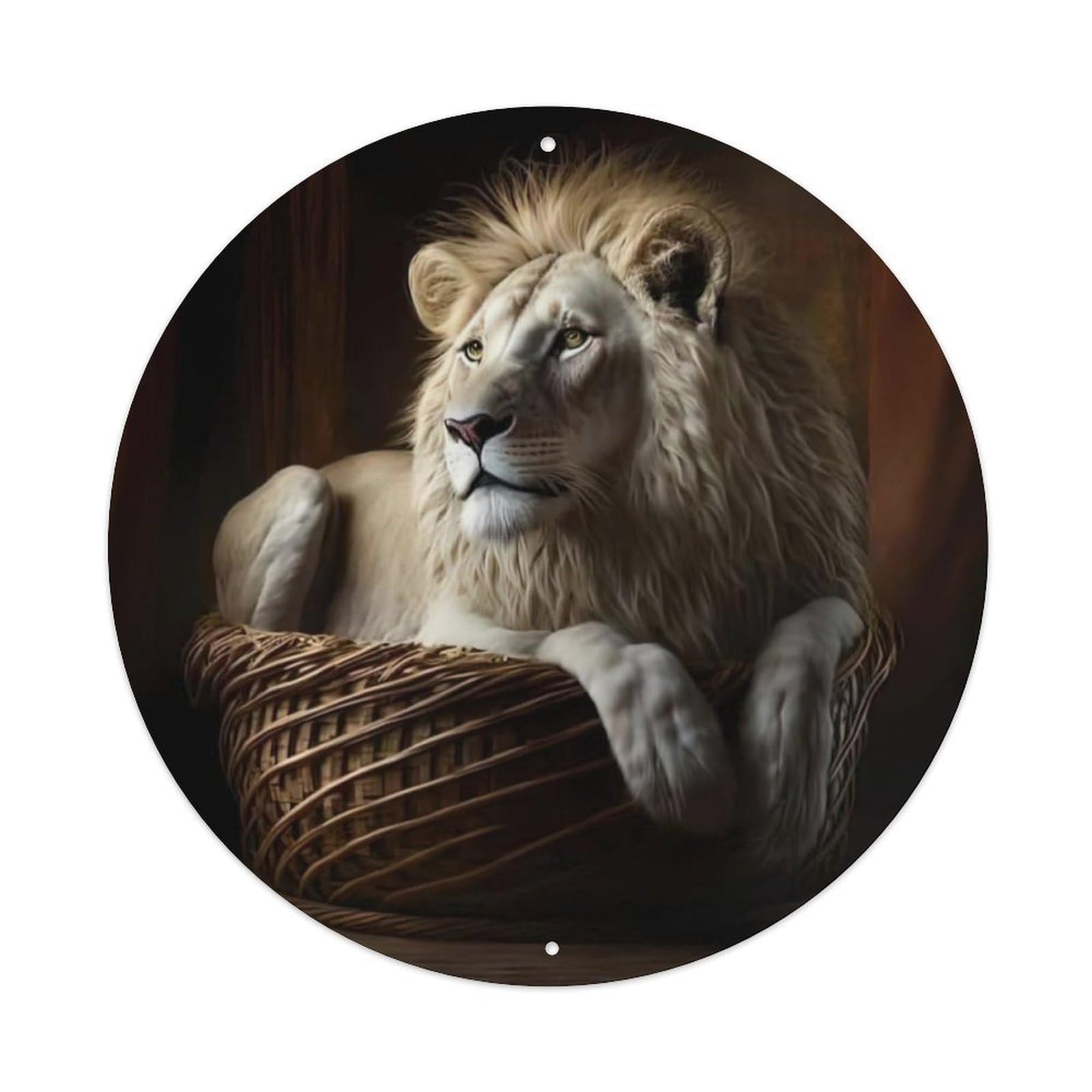 Wildlife Artwork Lion in Basket Vintage Metal Tin Sign Plaque Wall Decor for Cafe, Club, Garden Round Metal Poster 8x8Inch
