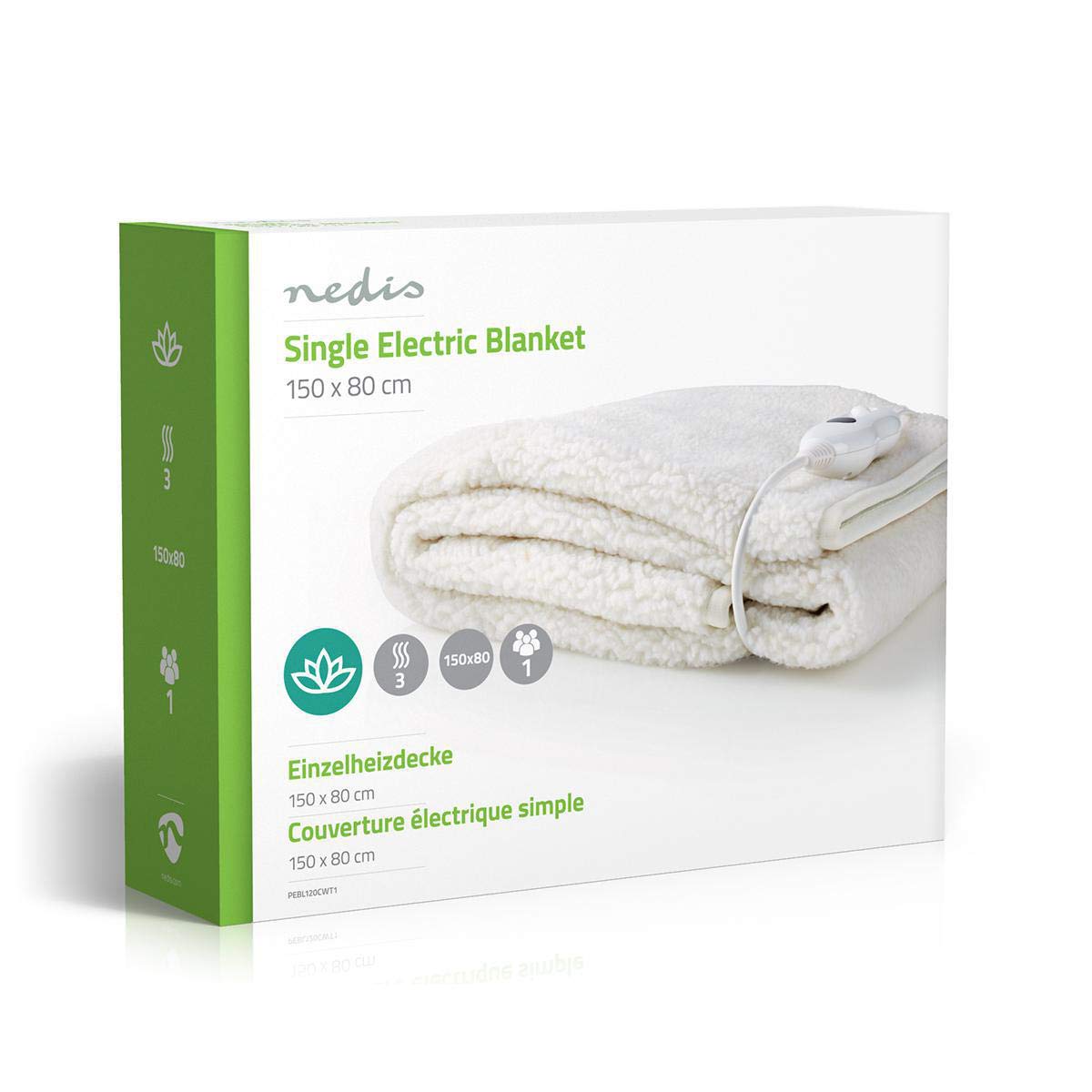 NEDIS Edredón eléctrico | Manta | 1 Persona | 150 x 80 cm | 3 ajustes de Calor | Lavable | protección contra sobrecalentamiento | poliéster/sintético