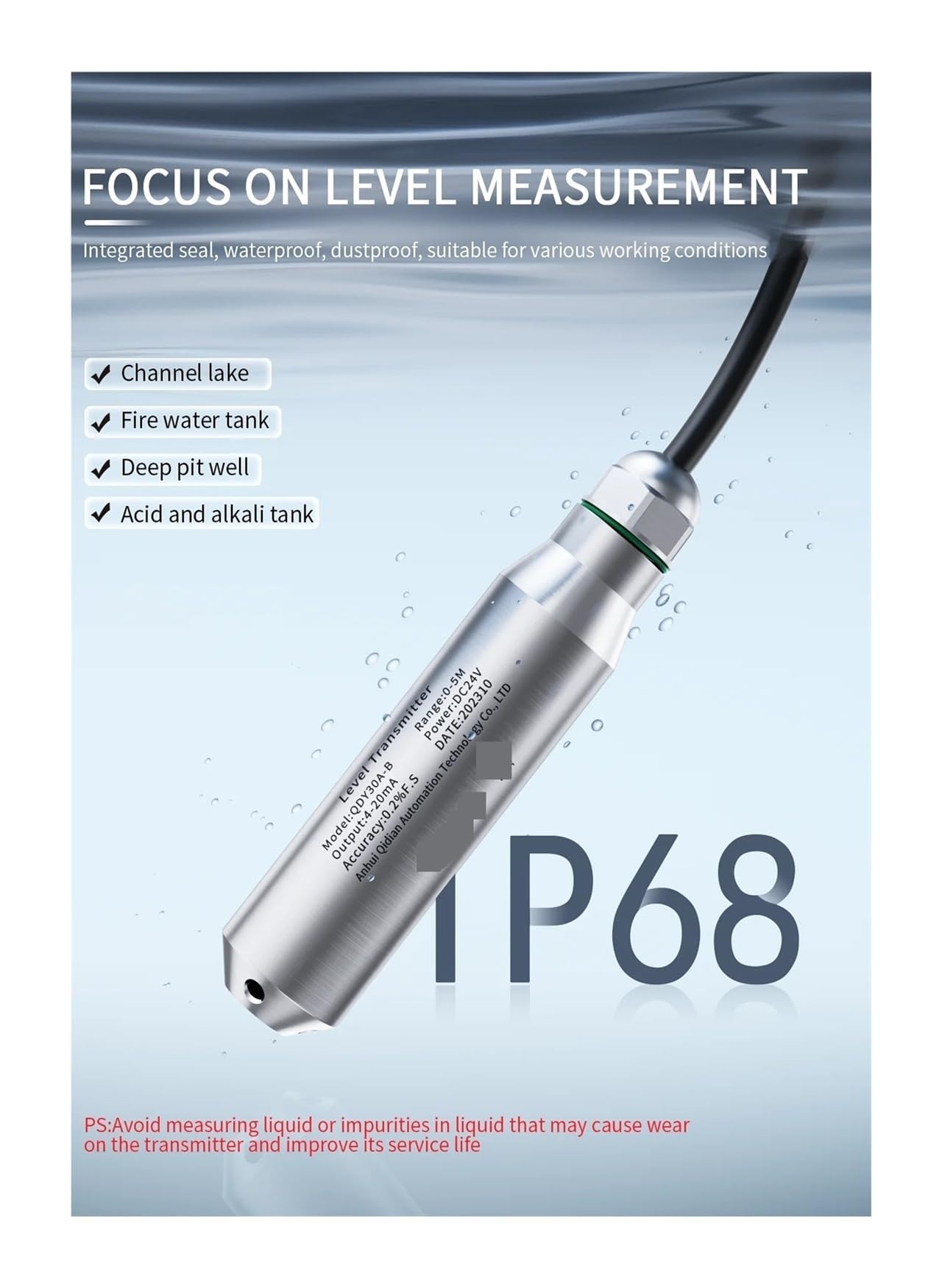 Czujnik poziomu wody 4-20mA 0-5m 0-10V RS485 Nadajnik czujnika poziomu wody Solidna ochrona(2M Range 4M Cable,0-10V)