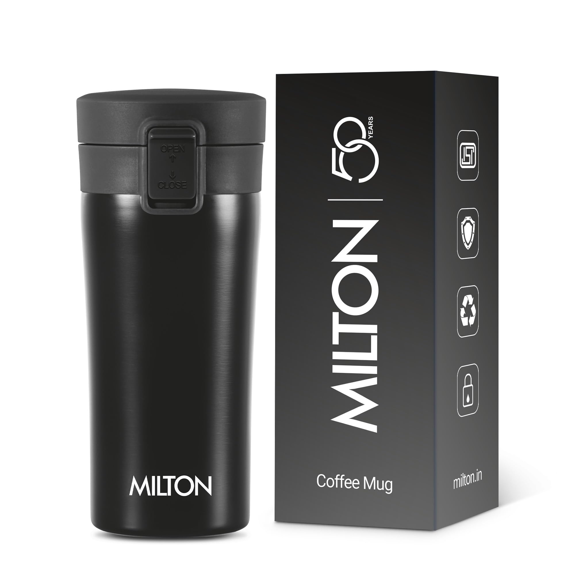 MILTON Thermosteel Vacuum Insulated Travel Coffee Mug, 300ml, Black, Prolonged Hours Hot & Cold, ISI Certified, Spill Proof & Easy to Sip, Leakproof & Rustproof, On The Go Coffee Cup