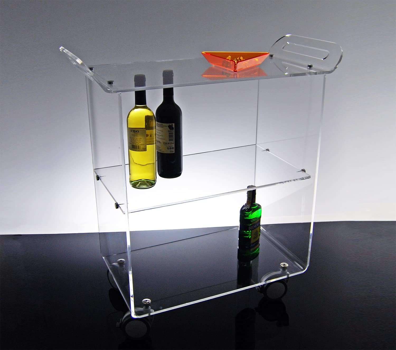 Slato Newman ⎪ Carrello con ruote da Soggiorno, Cucina, Portavivande, Vetrinetta Mobile di design a tre ripiani in cristallo acrilico Made in Italy, cm. L.71 x P.33 x H79