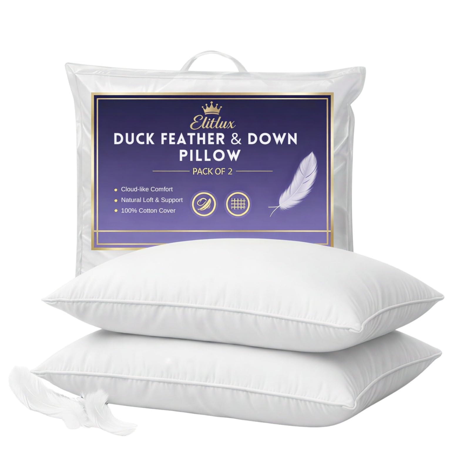 Elitlux White Hotel Quality Duck Feather Pillows 2 Pack – Soft & Supportive Down Alternative Filling – Comfortable Firm Pillows For Side, Back & Stomach Sleepers – Machine Washable (White)