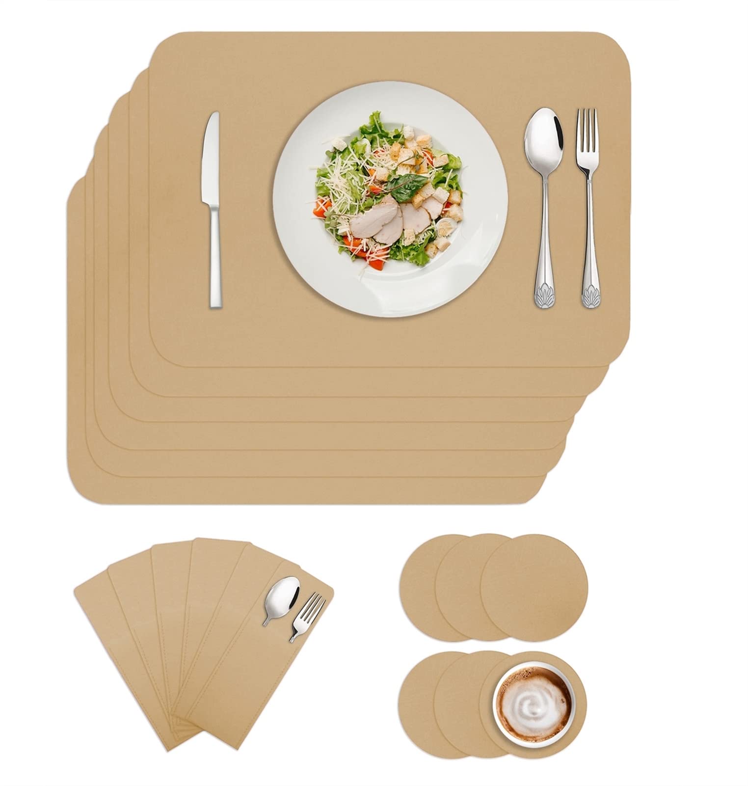 BESTORI Felt Place Mats Sets of 6, Felt Placemat Coaster Cutlery Bag,Heat Resistant Washable Table Place Mats Set Beige 30x40cm