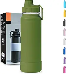 Garrafa Térmica 1000ML - Duplamente Isolada a Vácuo, Aço Inox 304, Capa Protetora da Base de Silicone, Mantém Bebidas Gelada 24 horas e Quente 12 horas (Verde Militar Slin)