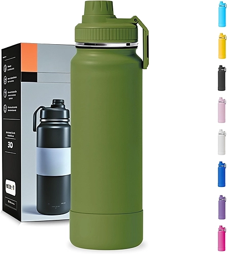Garrafa Térmica 1000ML - Duplamente Isolada a Vácuo, Aço Inox 304, Capa Protetora da Base de Silicone, Mantém Bebidas Gelada 24 horas e Quente 12 horas (Verde Militar Slin)