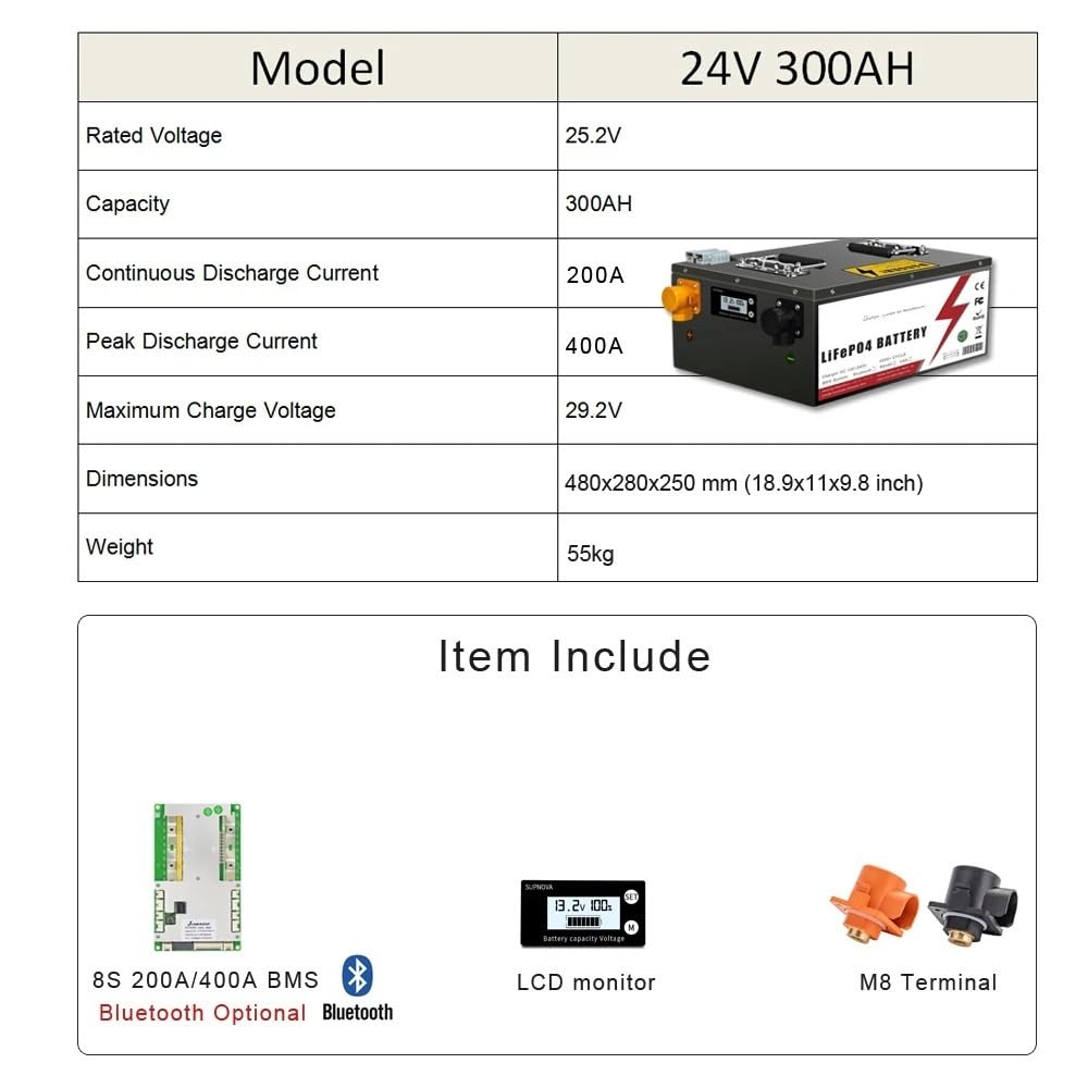 Batería LiFePO4 de 24V, 100Ah, 200Ah, 300AH, Bluetooth incorporado, BMS, más de 6000 ciclos for el hogar, RV, autocaravana Solar fuera de la red(24V 200Ah)