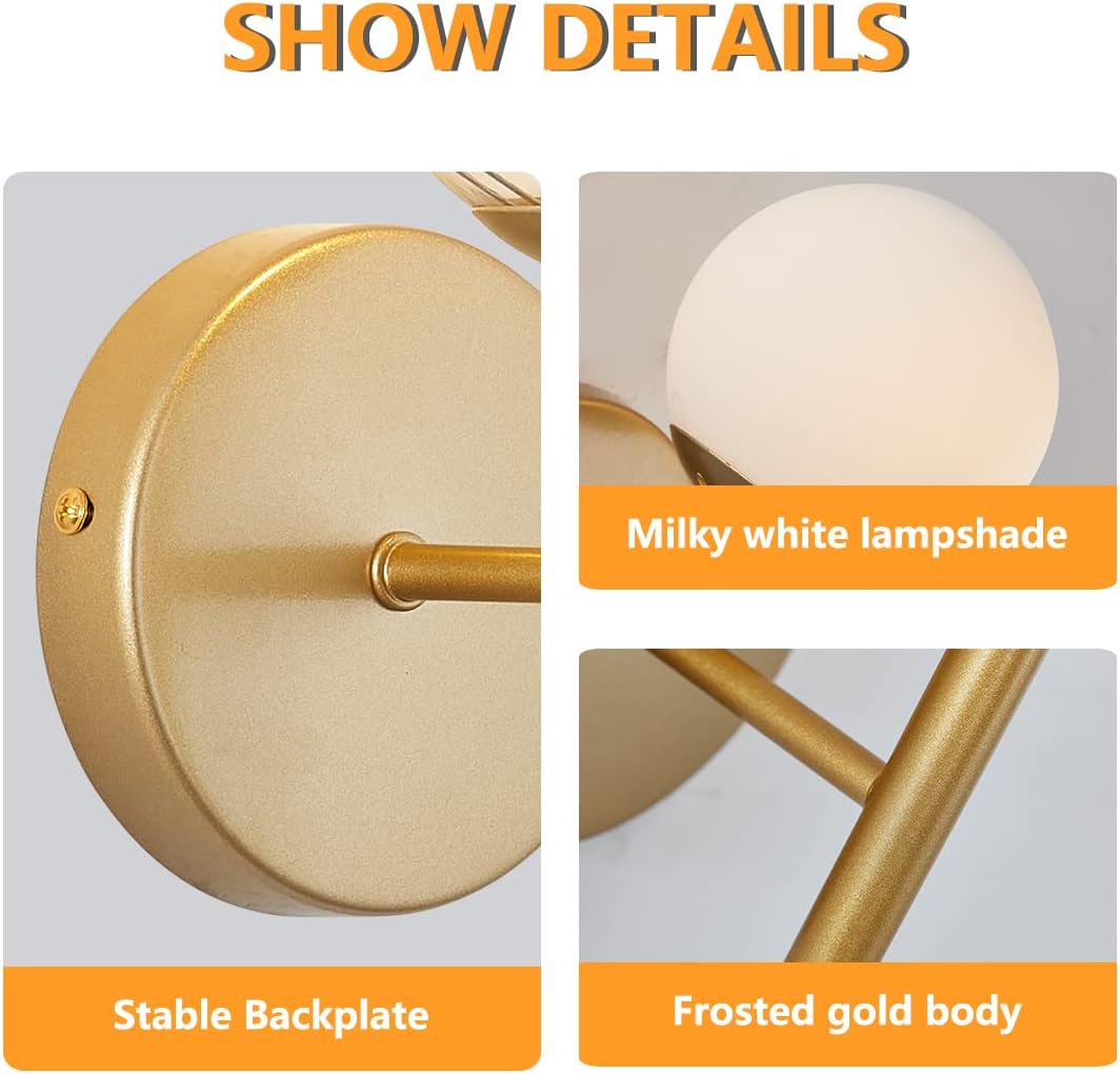 BOKT Mid Century Modern Globe Wall Sconce Set of Two Brushed Brass Bathroom Wall Sconce Light Set of 2 Frosted White Glass Gold Wall Lamp 2-Pack Bedroom Wall Lights (White)