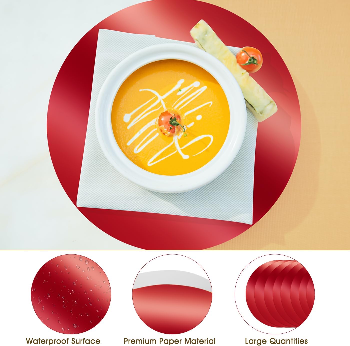 KesaPlan 100 PCS Round Red Placemats, 13" Disposable Paper Placemats for Dining Table, Mirrored Red Charger Place Mat for Christmas Thanksgiving Kitchen Banquet Table Setting Wedding Dinner Party
