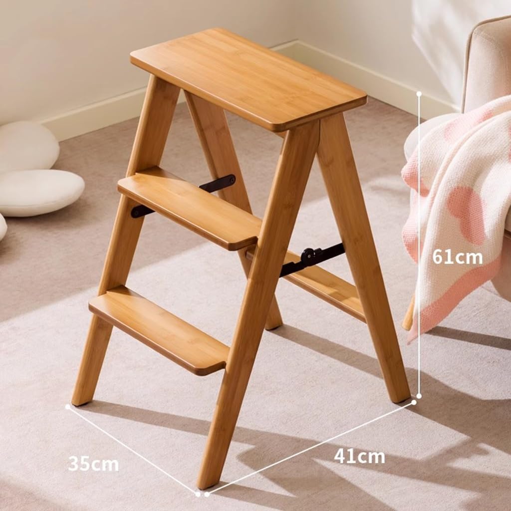 Step Ladder 3 Tier Folding Anti Slip Step Stool Foldable Multi 3-in-1 Bamboo Step Ladder Lightweight Portable Wooden Step Stool Saving Space(Three Steps-1)