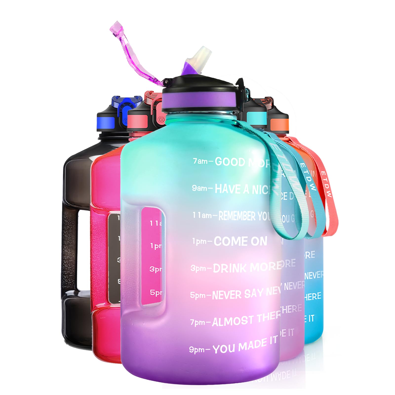 ETDW 3,78 Liter Trinkflasche Sport mit Zeitangaben und Strohhalme, 3,78L Groß Sportflasche BPA Frei, Auto Wasserbehälter Auslaufsicher Sportflasche