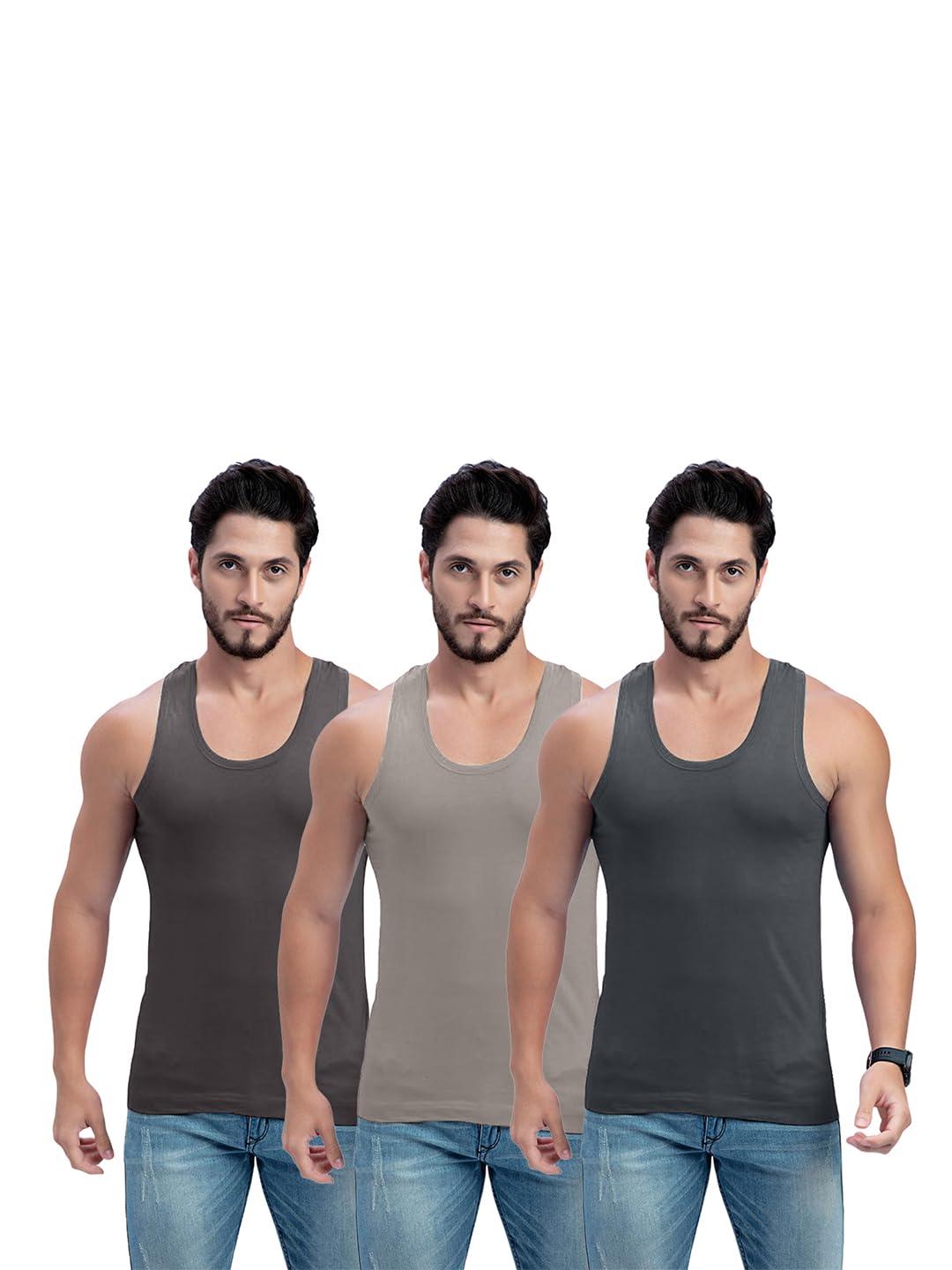 Mens RNS Cotton Vest | Sleeveless Innerwear for Men | Soft Breathable Cotton Undershirt | Everyday Comfort Gym & Casual Wear | Multi-Color, Color Name May Vary as per Availability | Pack of 3-image-7