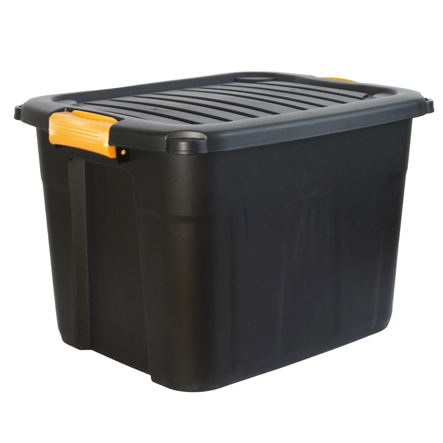 DANIEL JAMES Housewares Heavy Duty Storage Box with Lid - Large Plastic Stackable Storage Boxes with Clip Handles - Lockable BPA Free Indoor Outdoor Garage Storage Trunk Box - Black, 20l