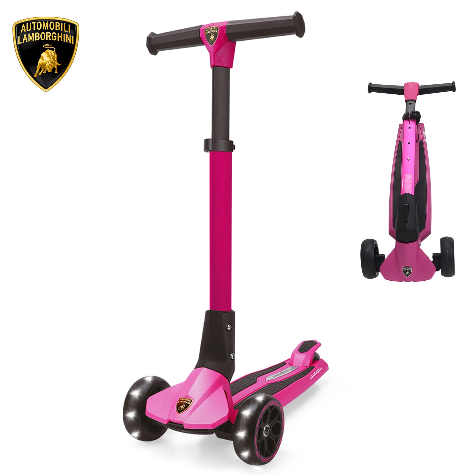 Lamborghini Scooter for Kids Ages 3-10, 3 Wheel Kids Scooter with Light-up Wheels, Adjustable Height, Foldable, Lean to Steer, Kick n Roll for 3+ Year Old Toddlers Girls Boys- Pink Purple