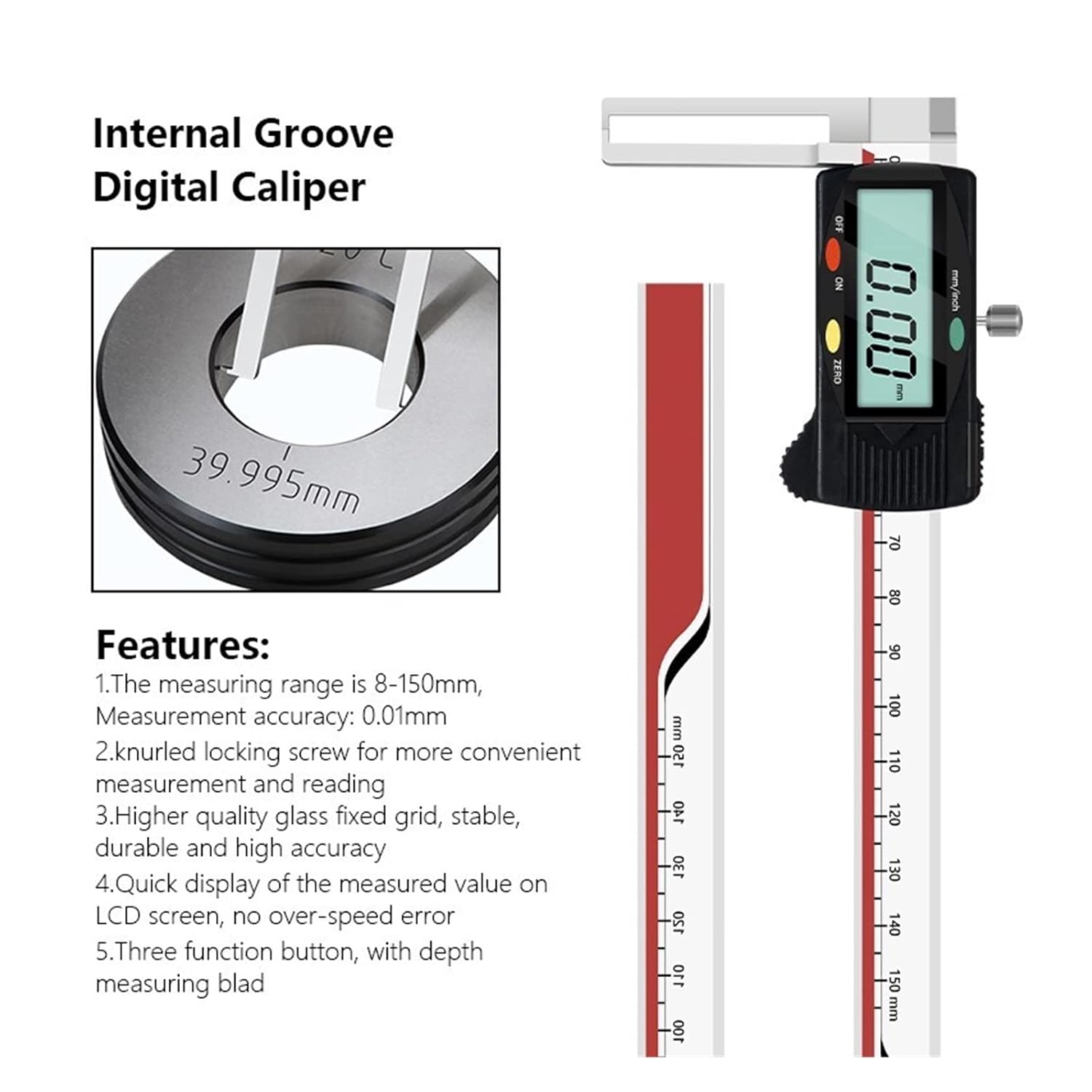 測定ゲージ、 キャリパー 8-150mm 内溝ダイヤル バーニア キャリパー精度 0.01mm 長い爪 耐衝撃 ゲージ測定ツール
