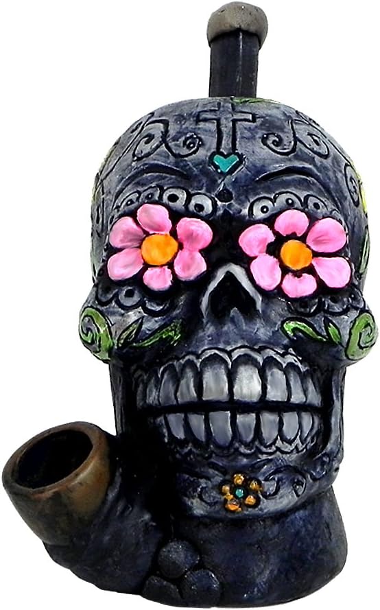 Sugar Skull Figurine - Handmade Day of the Dead Art Natural Coconut Bowl Gothic Holiday Gifts for Smokers (Gray)