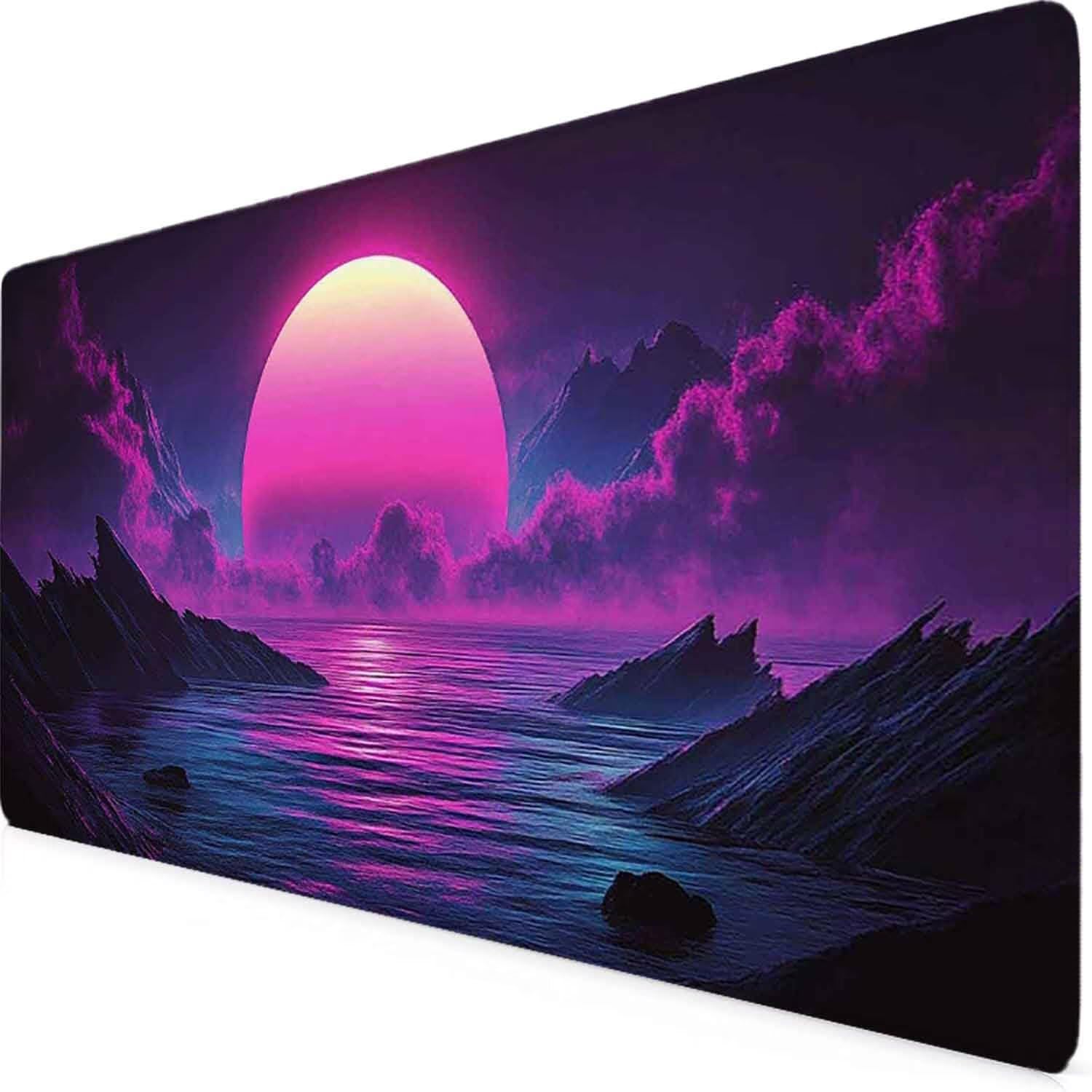 Fioletowa podkładka pod mysz z krajobrazem XXL 1000 x 500 mm podkładka pod mysz z przeszytymi krawędziami i antypoślizgową gumową podstawą podkładka pod mysz XXL do komputera, laptopa, akcesoria