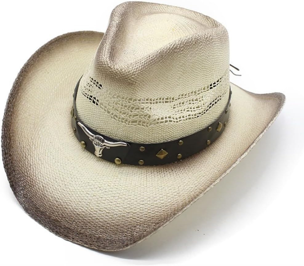 Western Cowboy Hat with Studded Band, Straw Woven, Longhorn Bull Accent, Beige and Brown