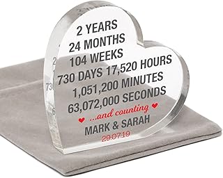 2nd Anniversary Gifts Husband Wife Boyfriend Girlfriend, Personalised 2nd Wedding Anniversary Gifts Wife Husband Couples, 2 Years Together, 2 Years Married, Acrylic Heart Block With Grey Bag