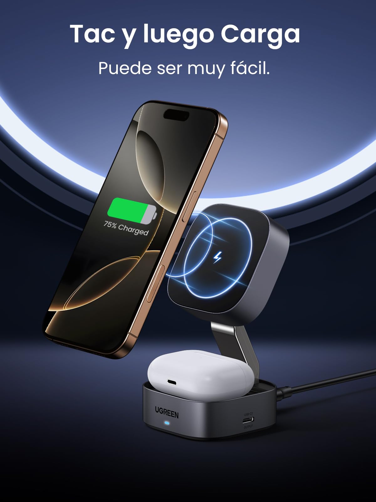 UGREEN MagFlow Cargador Inalámbrico 2 en 1, Estación de Carga Magnética, Compatible con iPhone 17 Pro MAX Air/16/15/14/13/12 Series, AirPods Pro 2/3