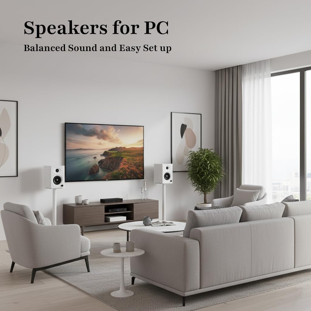 Desktop Speakers for PC, Bookshelf Speakers with Clear Highs & Punchy Bass - 4" Woofer, 80W Peak HiFi Audio for Monitor, Home Theater Sound System and Computer, White Pair - Image 3