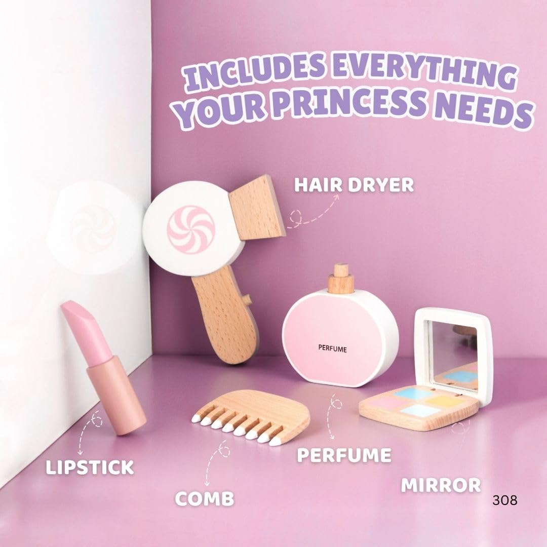 Cots and Cuddles Wooden Dressing Table Playset for Kids | Pretend Play Makeup Set with Wooden Hair Dryer, Perfume, Lipstick, Comb & Mirror (Age 3+) - Image 4 thumbnail