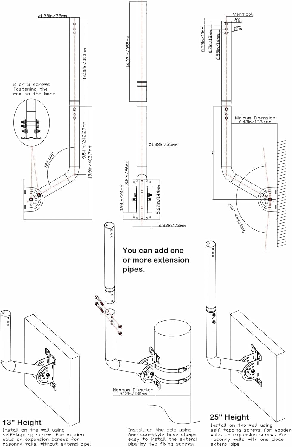 Palo universale per antenne di televisione, satellite, radio, WiFi - Supporto regolabile per palo e montaggio murale (Nero - 82 cm)