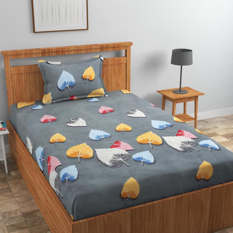 Image of Cotton 210 tc Flat Single | Diwan | Single Mattress Coat Bed Bedsheets for Summer Winter Breathable | Wrinkle Free (Size-60 X 90 Inch) with 1 Pillow Cover 60 x 90 Inches, Floral, Grey Rust