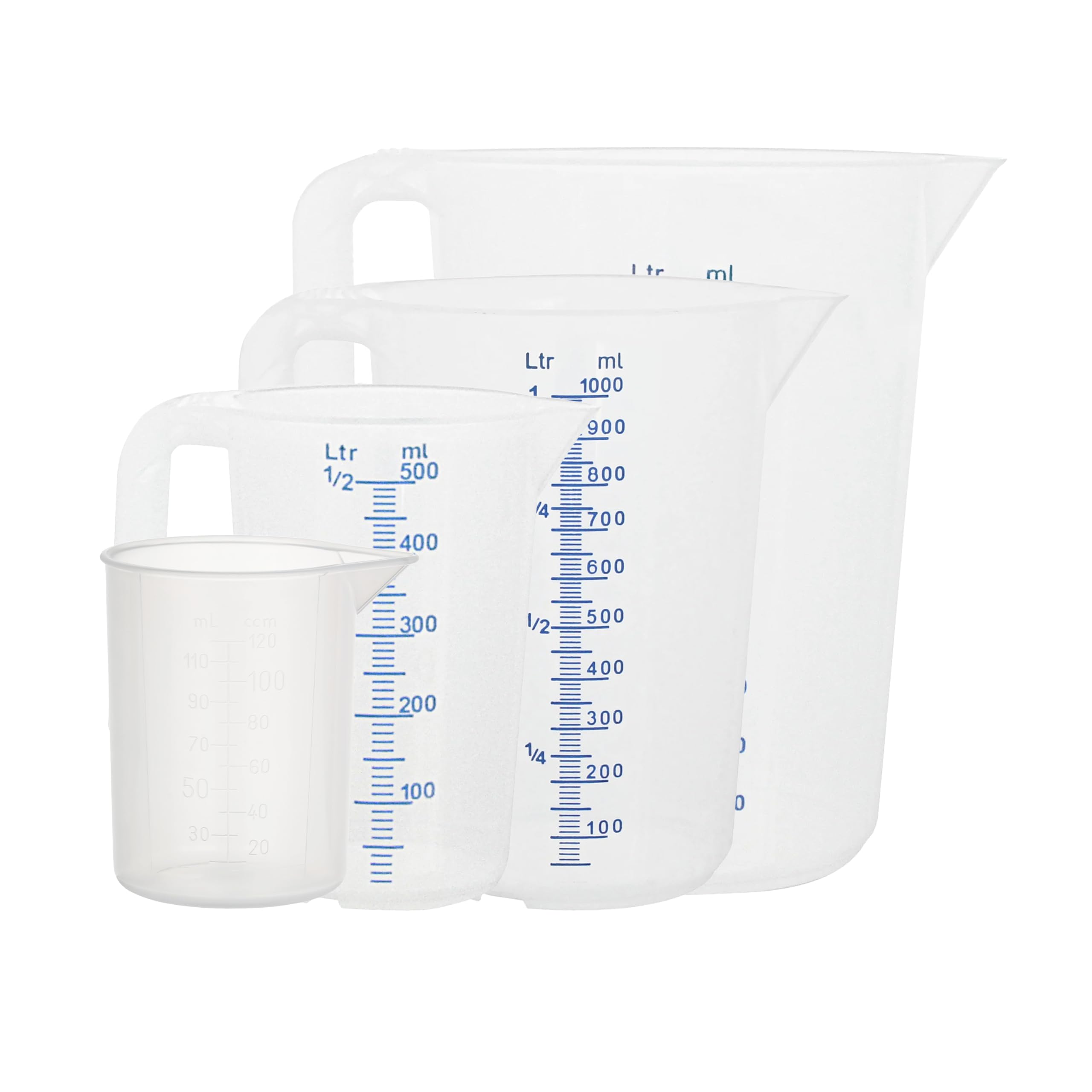 D.LINE Hünersdorff Lot de 4 gobelets doseurs avec poignée, 2 l, 1 l, 500 ml, 120 ml, transparents, résistants à la chaleur, pour la lessive, la cuisine, le laboratoire, l'entretien de la voiture et