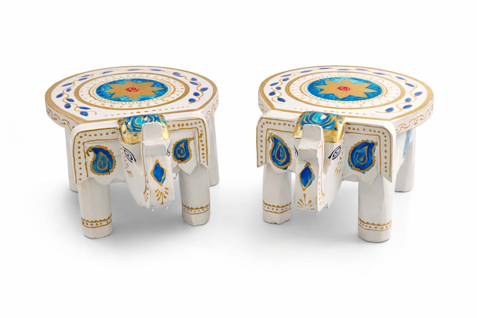 White Handcrafted Wooden Elephant Stool Set of 2 | Hand Painted Traditional Chowki for Home Decor, Puja Mandir, Flower Stand & Gifting | 6 Inch-picture-19