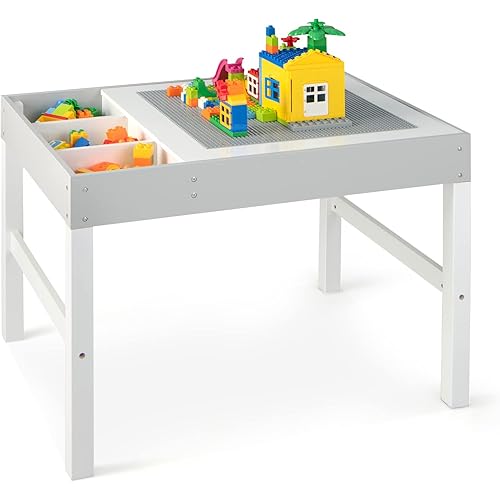 Costzon Kids Table, 3 in 1 Wooden Building Block Desk w/Storage, Double-Sided Tabletop for Toddler Arts, Crafts, Drawing, Reading, Playing, Gift for Boys Girls, Children Activity Table (White & Gray)