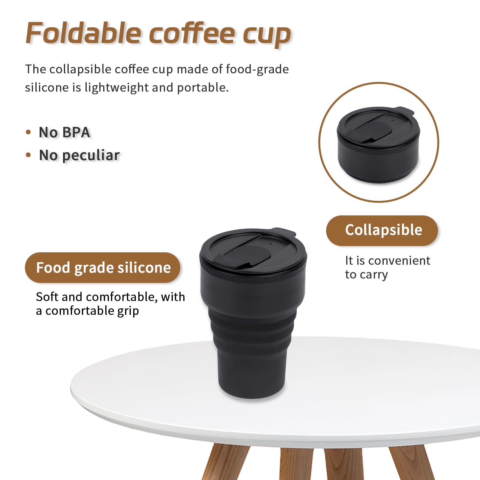 EYQ Collapsible Coffee Cup 375 ml, Reusable 12oz Coffee Cup, Silicone Foldable Water Bottles - Image 3
