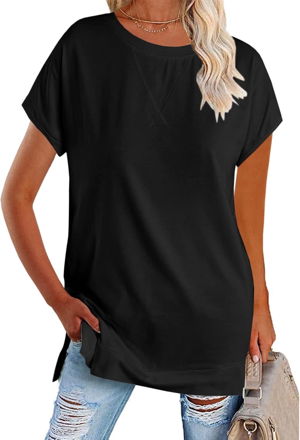 Zeraly Women's Round Neck Solid Color T-Shirt Side Slit Casual Short-Sleeved Summer Sports Tunic Top