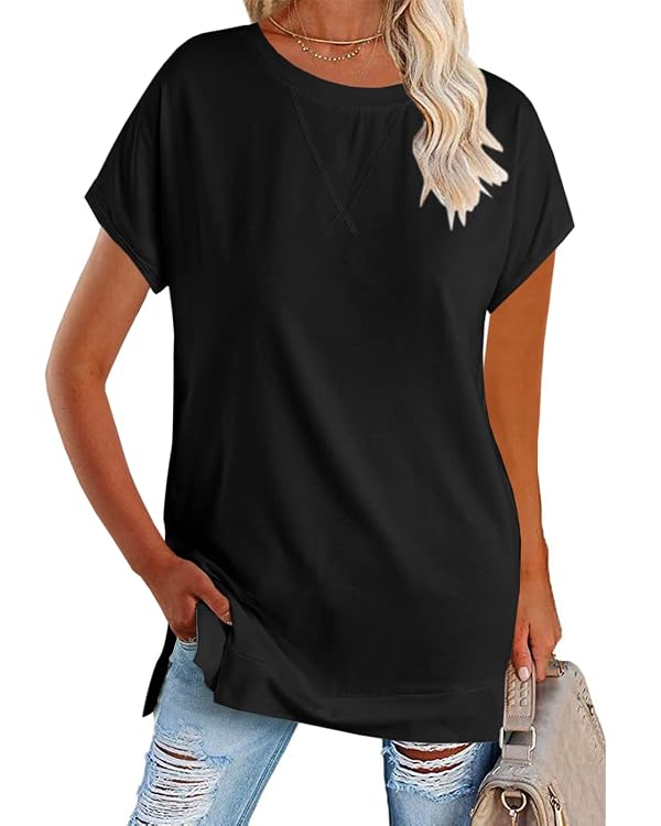 Zeraly Women's Round Neck Solid Color T-Shirt Side Slit Casual Short-Sleeved Summer Sports Tunic Top Black by Zeraly - Used condition - US$5.55