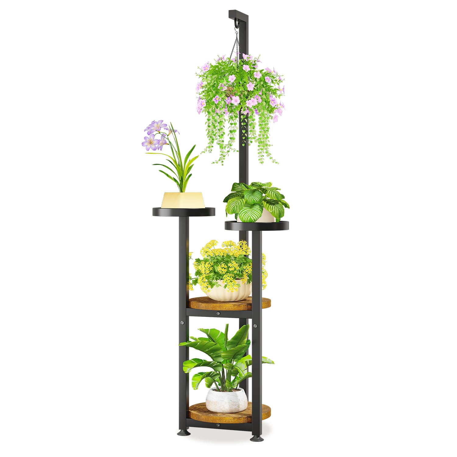 LASZOLA Black 4 Tier Tall Plant Stand Indoor with Hanging Ring, Large Heavy Duty Metal Vertical Corner Rack for Multiple Planter, Sturdy Wrought Iron Flower Shelf Holder Organizer for House Patio