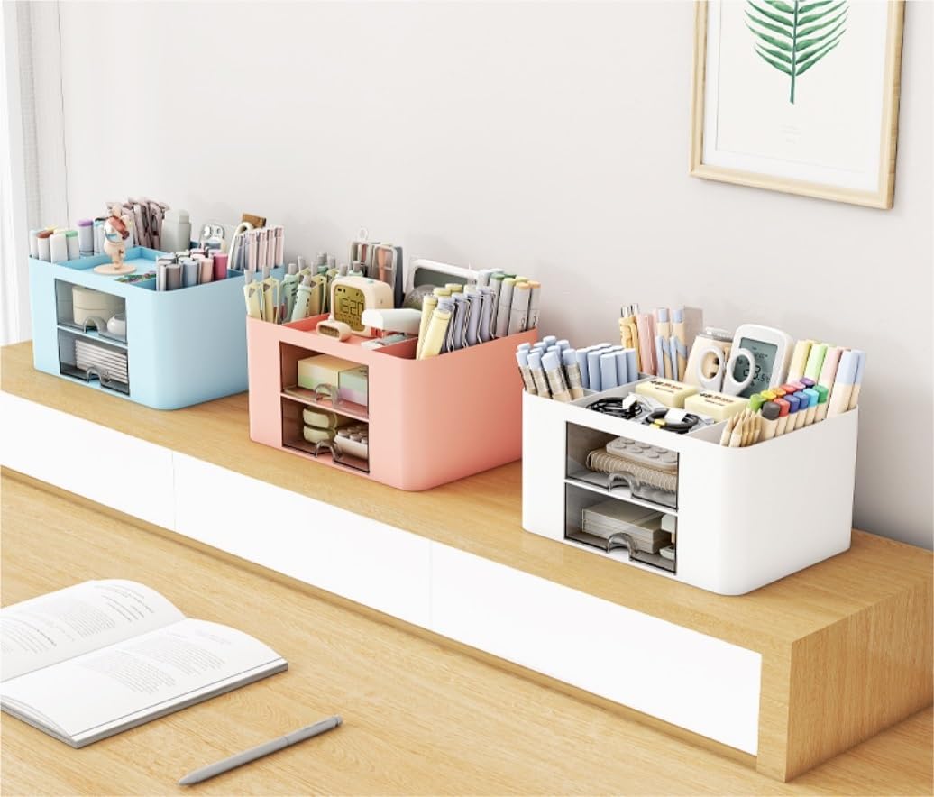 Organizzatore Scrivania Organizer da Scrivania con 2 Cassetti in Plastica Tavolo, Portapenne, Portacarte, Scatola Portaoggetti per Forniture Ufficio Ufficio(B)