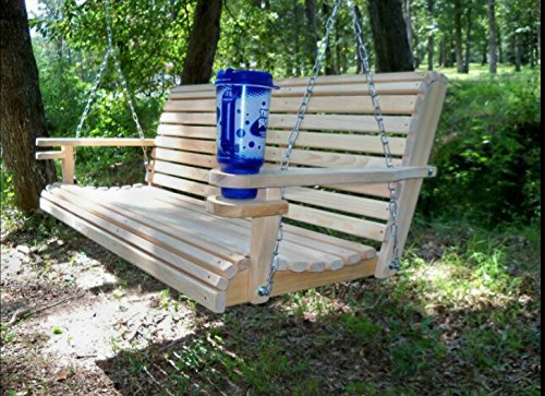 5 Ft USA Made Cypress Roll Back Porch Swing with Swing-Mate™ Comfort Springs and Cup Holder Arm and Stainless Steel Hardware Upgrade