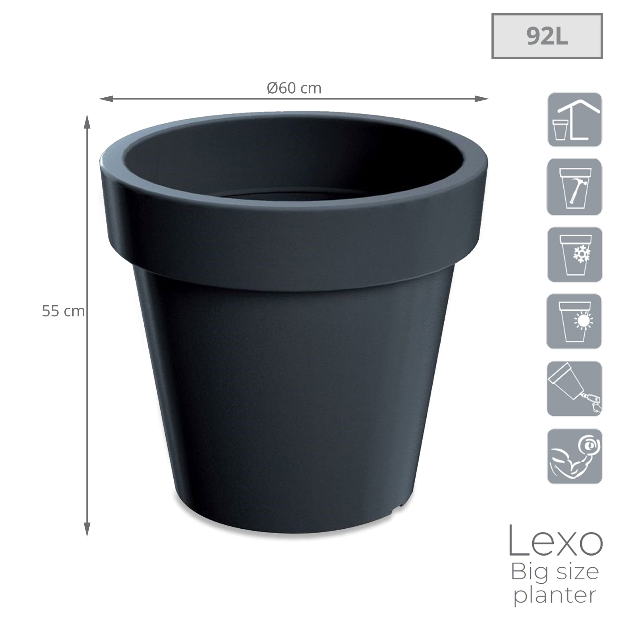 LEXO ROUND 92L. Topf, Abmessungen (mm) 600x600x550, Farbe Anthrazit