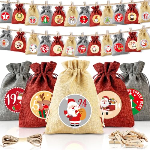 CNMTCCO 24 Stück Adventskalender Zum Befüllen,Weihnachtskalender 2025 Jutesäckchen 18 x 13cm,Adventskalender Säckchen für Kinder,SäckchenGeschenktüten Weihnachten mit individuellen Designs