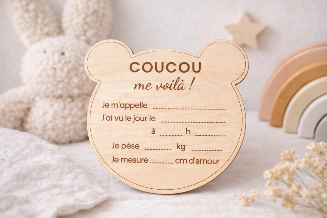 Carte bienvenue annonce naissance prénom bébé en bois - Disque prénom bébé date heure poids taille - Pancarte photo nouveau-né souvenir maternité