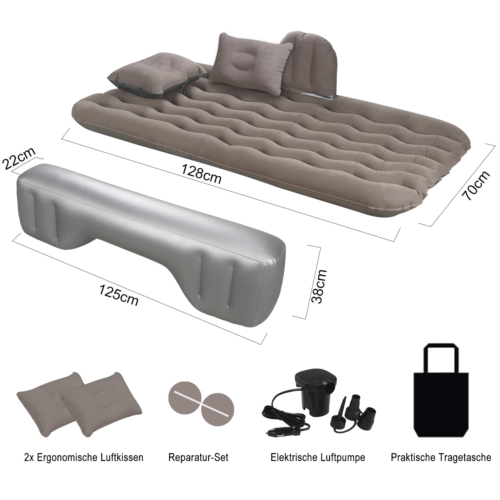 Auto Luftmatratze 128x70cm Aufblasbare Matratze für Rücksitz & Kofferraum, Tragbares Auto Reisebett inkl. 2 Kissen, Dickere Kofferraum-Matratze für Camping, Reisen und Outdoor Grau