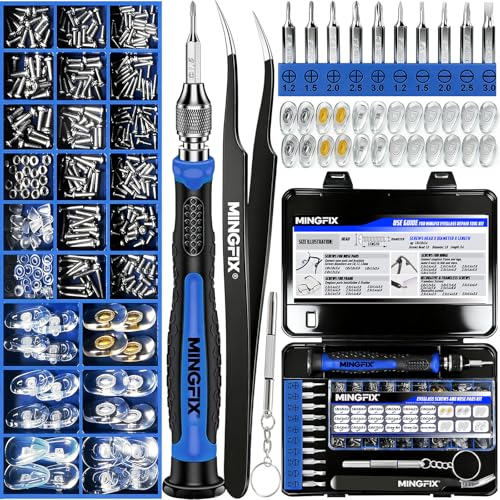 Eyeglass Sunglass Repair Kit,MINGFIX Magnetic Eye Glasses Repairing Tool Kit with Assorted Screws,Nose Pads,Small Screwdriver Bit Set & Tweezer with Mini Travel Case for Glasses,Sunglasses and Others