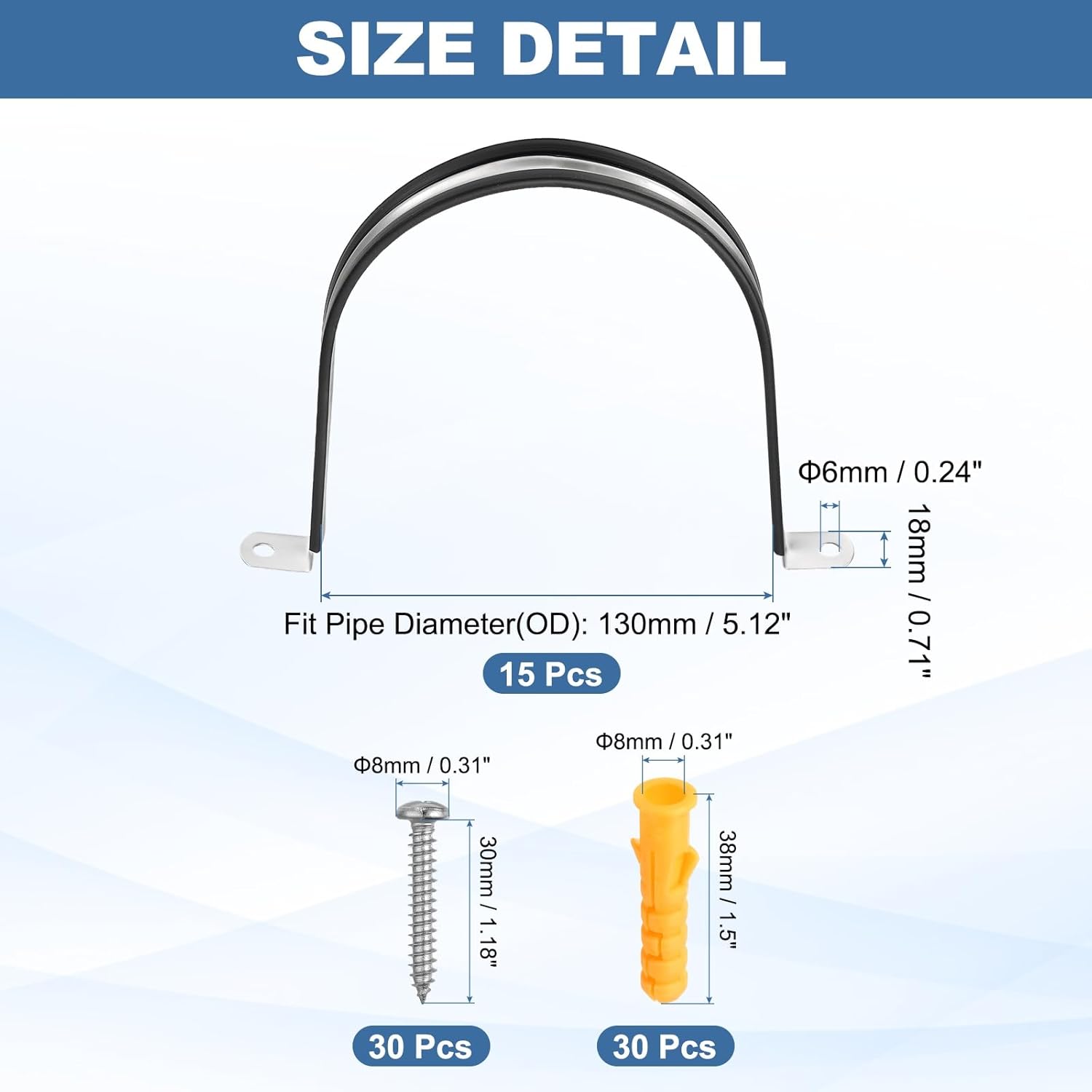 uxcell 15 Pcs Pipe Strap Clamp, 130mm(5.12") Rubber Cable Clamp Rubber Cushioned 304 Stainless Steel U Bracket Tube Holder Support with Screws for Water Pipe HVAC Cable Management